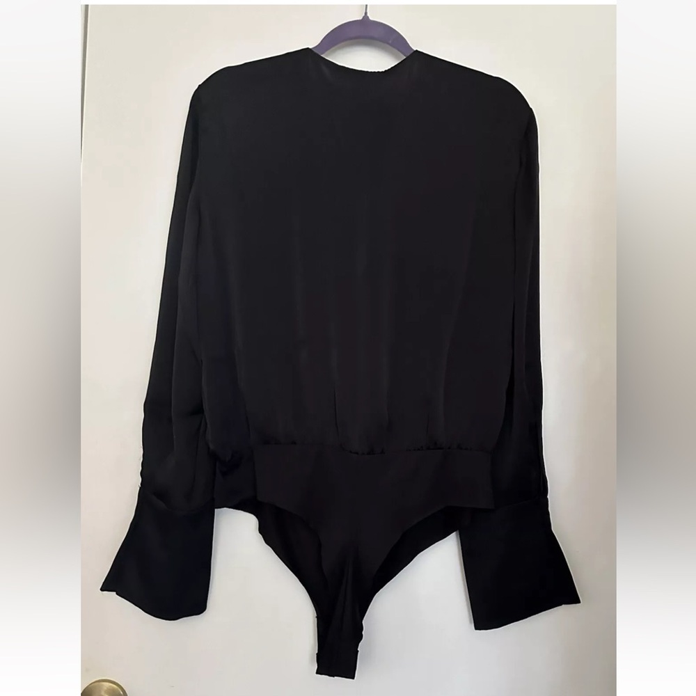 NWT Favorite Daughter Chiffon Bodysuit Black Women’s Size L Long Sleeve Pleated - Picture 14 of 16